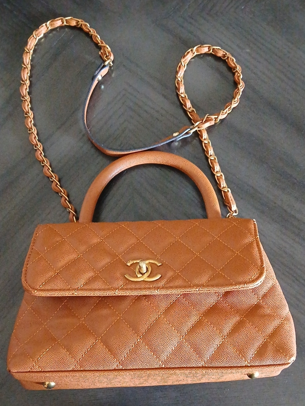 Quilted Top-Handle Satchel in Cognac Brown with Gold Hardware